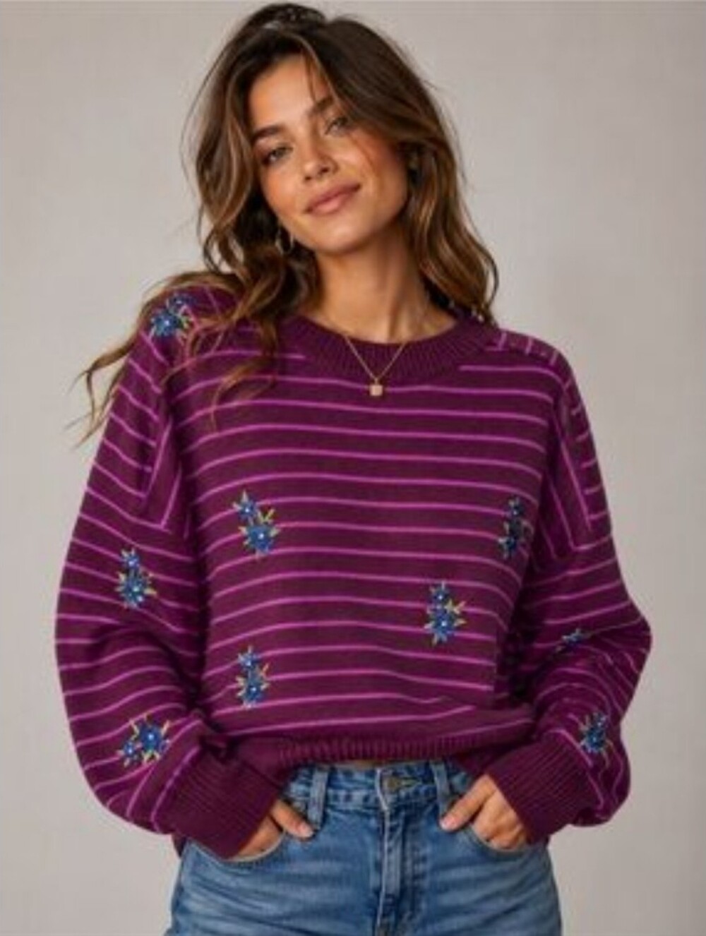 NWT $78 Joseph A Sweater Womens Burgundy Pink Stripe Floral Embroidered Sequin M